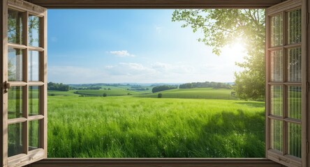Fototapeta premium Calm countryside landscape visible from window perspective