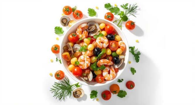 Seafood salad composed of calamari shrimp clams tomatoes bell pepper parsley and olives viewed from top on white background