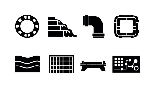 Hydropower plant operations: turbine wicket gate ring, spillway flow cascade steps, penstock pressure pipe bend, generator stator coil frame, reservoir level contour band, intake