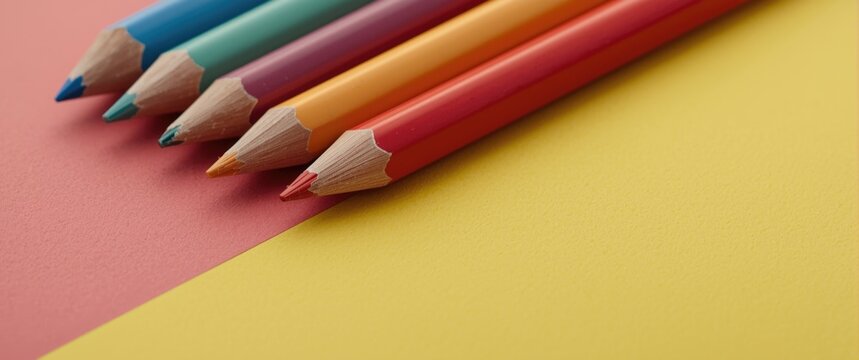 Selective focus close up showing colored pencils arranged on a split color textured background