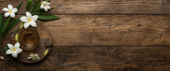 Fototapeta premium Rustic wooden backdrop for herbal tea and fresh jasmine flower decor