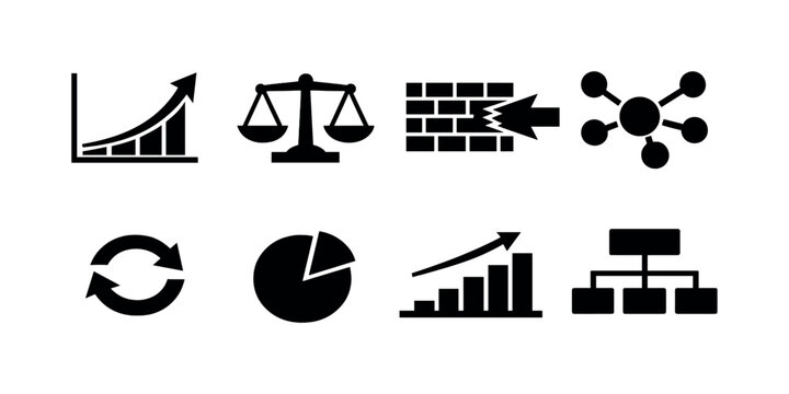 Economic policy analysis: inflation trend curve, fiscal balance scale chart, tariff barrier block, labor market node web, currency exchange arrows loop, public spending pie slice