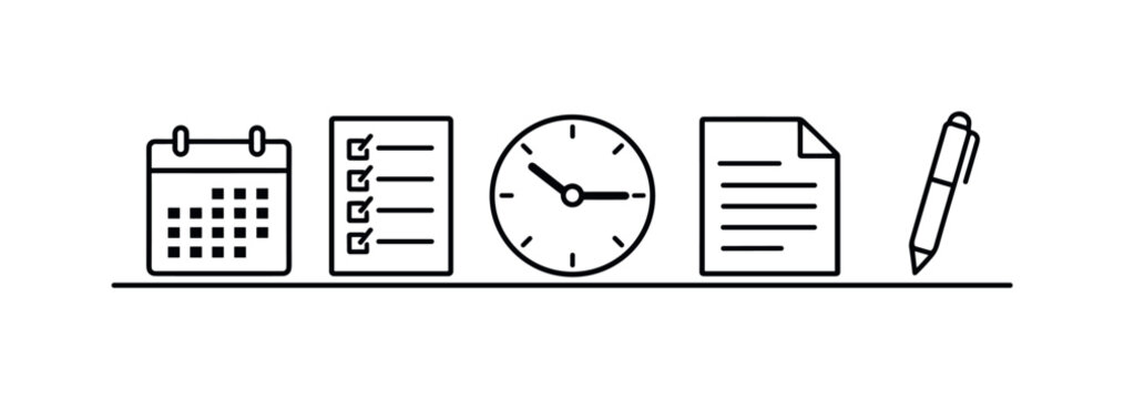 Meeting preparation and agenda planning for running efficient discussions and achieving clear outcomes in professional teamwork, calendar page, checklist sheet, clock, document