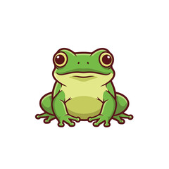 Obraz premium A cute cartoon green frog with large eyes sitting front and center on a white background.