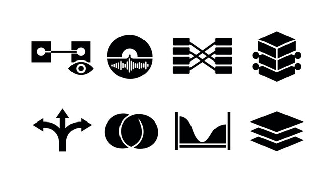 Multimodal AI integration: vision language node merge, audio waveform embedding disc, cross-attention bridge bars, sensor fusion layered cube, modality routing arrow fork, shared