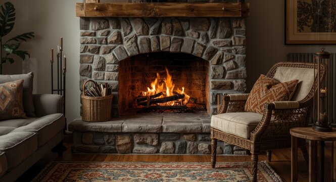 relaxing cozy fireplace glowing warmly with burning firewood