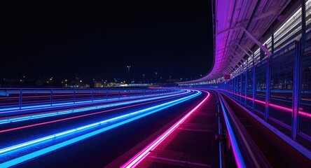 Fototapeta premium Futuristic illuminated racecourse with neon strips and glass railings under night sky