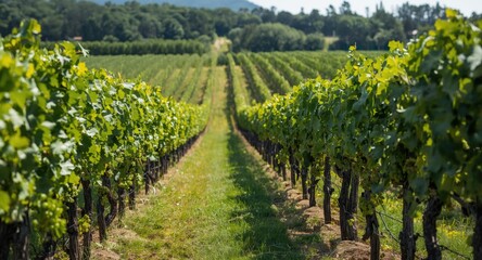 Obraz premium Expansive vineyard rows with ripe grapes ready for winemaking on a bright summer day