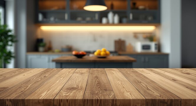 Kitchen table wooden top with a modern interior softly blurred creating montage friendly setting