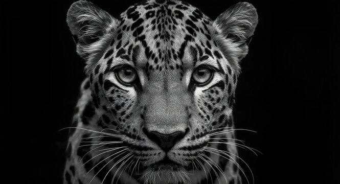 Black and white closeup of a single leopard with unwavering gaze