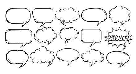 Fototapeta premium A collection of 15 various comic book style speech bubbles and thought clouds for creative writing and illustration