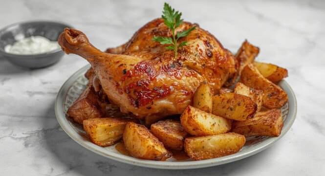 Plate of broasted chicken and fried potatoes shown with copy space