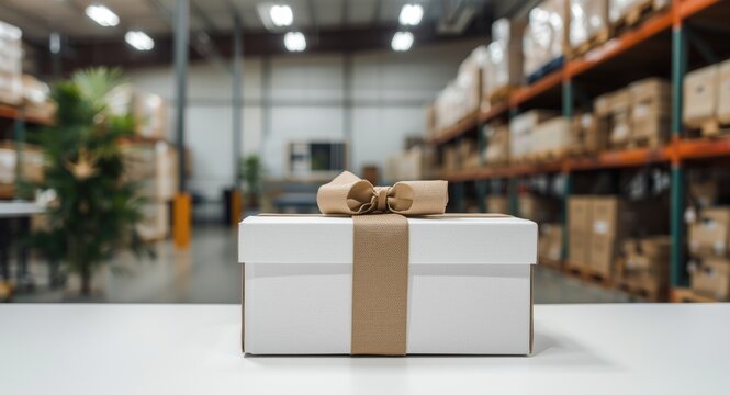 Office setup showing white box with gourmet gift wrapped in elaborate carton packaging on desk with warehouse backdrop
