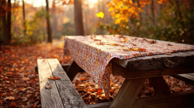 Seasonal outdoor table setting: bare wooden table with cloth amid fall colors in a park