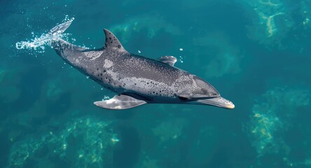 Fototapeta premium Active common dolphin gliding through clear sea with copy space for text