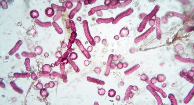 Scientific microscopic image showing gram stain results of rod shaped bacterial cells