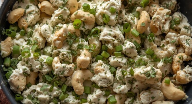 Cashew based vegan cheese mixed with aromatic herbs and green scallions