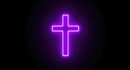 Obraz premium Luminous neon cross icon in purple representing spiritual belief