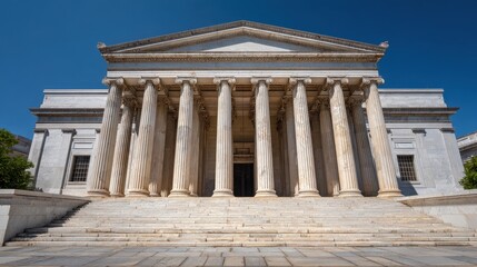 Fototapeta premium Neoclassical bank facade with Ionic columns in bright daylight