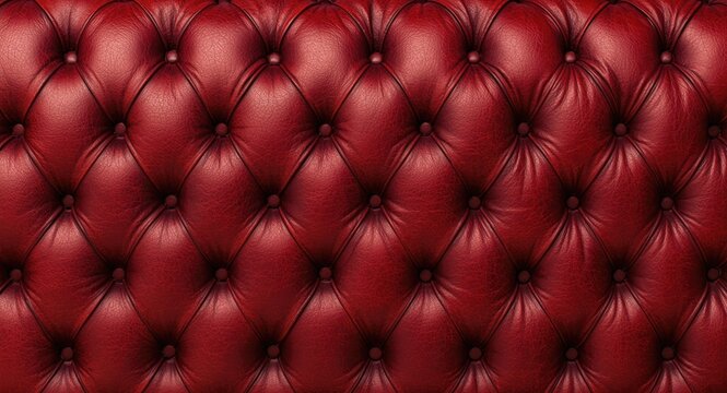 Intricate texture of deep red capitone leather with diamond tufted buttons in vintage Chesterfield style