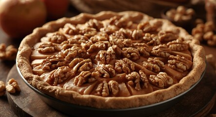Obraz premium Crisp autumn apple pie layered with aromatic walnuts