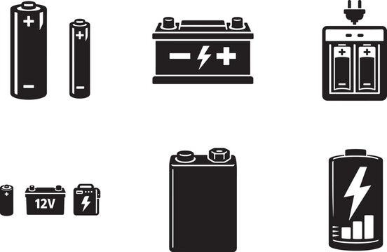Battery icon collection with AA, AAA, car battery and charger symbols. Power energy vector set.
