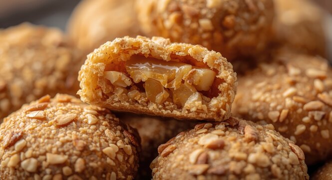 Honey coated almond briouats close up featuring aromatic cinnamon and orange floral water filling