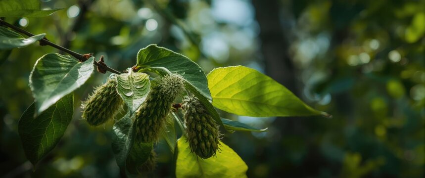 Intense close-up of birch foliage and catkins illustrating natural allergy triggers in spring