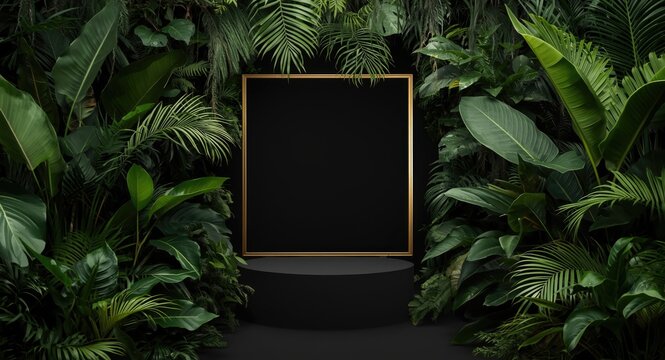 Scenic tropical jungle with a one eyed frame podium surrounded by dense green plants and a solid black backdrop integrating nature and design concepts