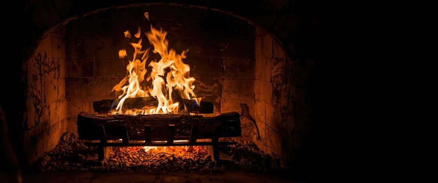 Rustic home fireplace glowing with active flames and grate