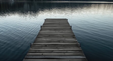 Fototapeta premium peaceful wooden quay laid on mirror calm lake water