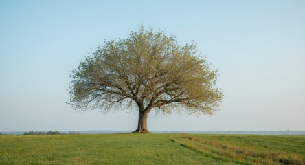Fototapeta premium isolated tree with thick trunk in a peaceful natural setting