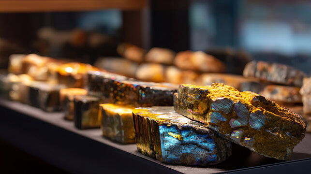 Close up view of raw golden pyrite and labradorite minerals display in a dimly lit environment, showcasing rich textures and iridescent surfaces