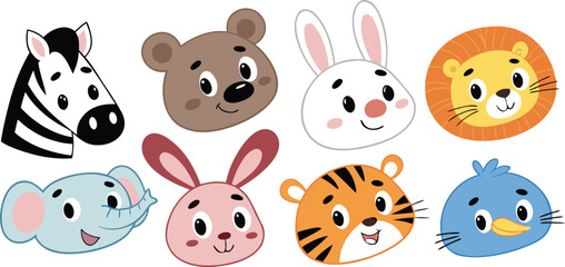 Fototapeta premium Colorful Flat Style Animal Faces Set, Cute Cartoon Zoo Characters in Grid Composition Childlike Illustration for Posters Apps and Educational Materials
