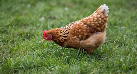 Fototapeta premium Lively red hen actively exploring the green grass in free range environment
