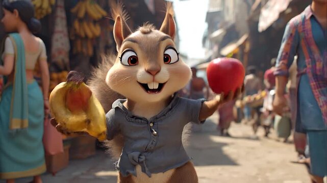 A cheerful animated squirrel in a denim shirt holding red apples walks through a colorful bustling marketplace with vendors and baskets of produce