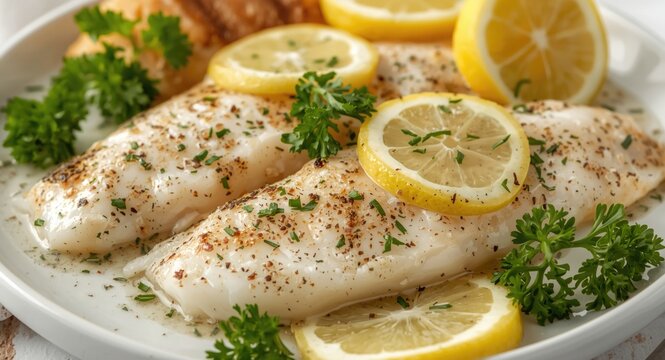 Fresh haddock fillets garnished with lemon slices and parsley sprigs