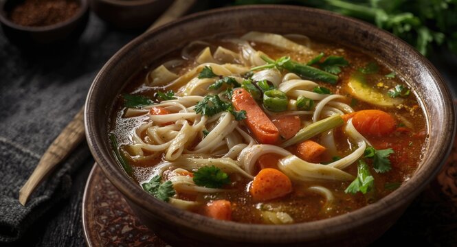 Authentic Indo Chinese vegetarian Manchow soup with noodles fresh cabbage and carrots