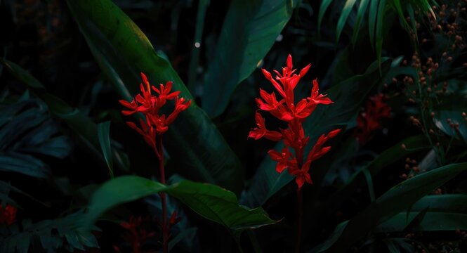 Red Spathodea flowers flourishing in tropical greenery offering ample banner copy space
