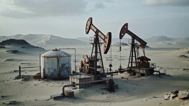Oil pumps in a desert landscape with mountains