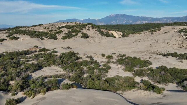 A drone view of Patara beach and the Ancient City of Patara on a sunny day. Fethiye. Turkey.