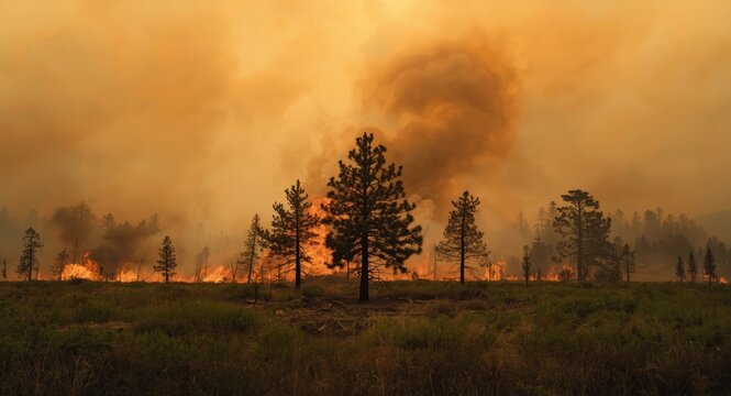 Smoldering young pine trees amidst blazing forest fire for ecological management
