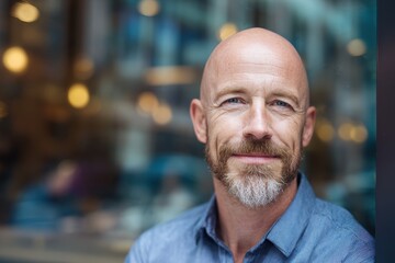 Fototapeta premium Urban daytime portrait of a confident bald businessman in blue shirt near a modern cafe storefront