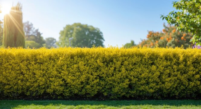 Carefully pruned golden privet hedge row