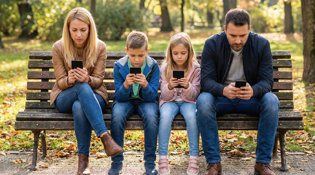 Family sitting on a park bench distracted by smartphones, parents and children using mobile devices outdoors, concept of digital addiction and lack of communication. 