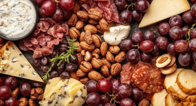 Overhead shot of a sophisticated cheese and charcuterie spread with mixed nuts and grape clusters