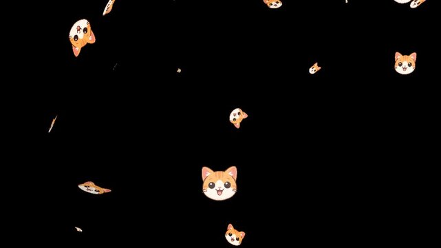 Cute Cartoon Cat Heads Floating and Spinning on Black Background - Motion Graphics Overlay