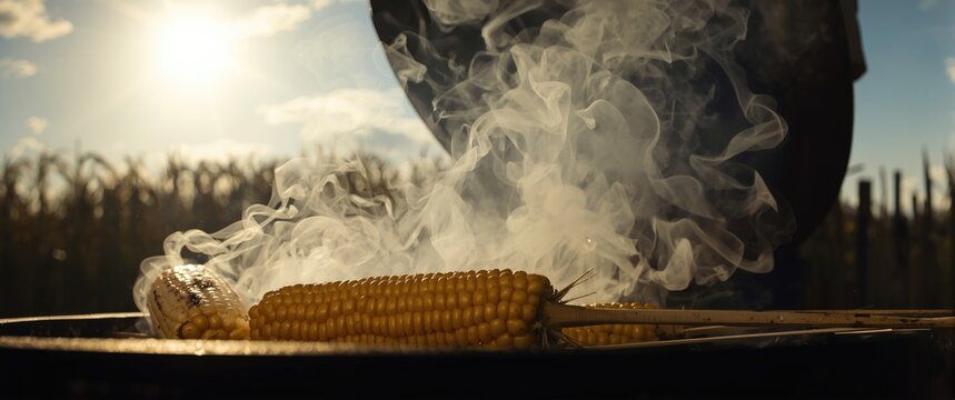 Corn on barbecue spat with smoke rising under sunny sky