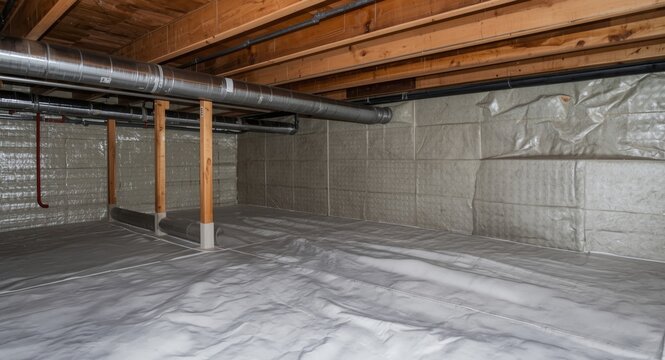 Encapsulated crawl space in basement using thermal insulation blankets and dimple barrier with radon mitigation piping