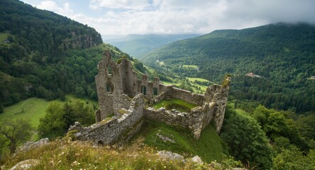 Fototapeta premium Medieval Celtic castle ruins surrounded by forested hills in summer mountain valley